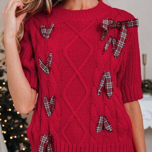 B321 Red Plaid Lace Up Christmas Holiday Puff Short Sleeve Sweater